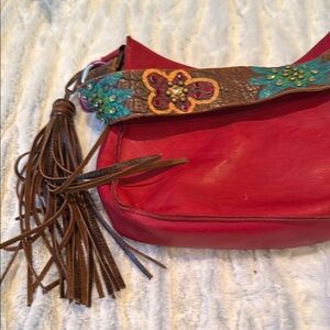 Two Bar West Red Leather Bag with Embellished Strap McFadin Sisters